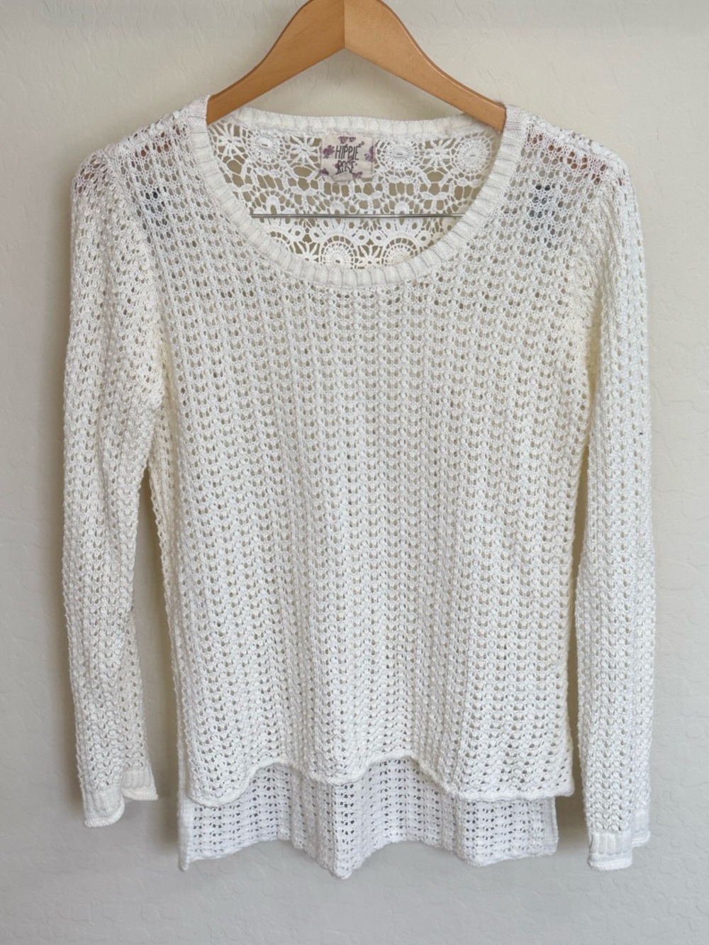 Hippie Rose White Crochet Knit High-Low Sweater - Size Large